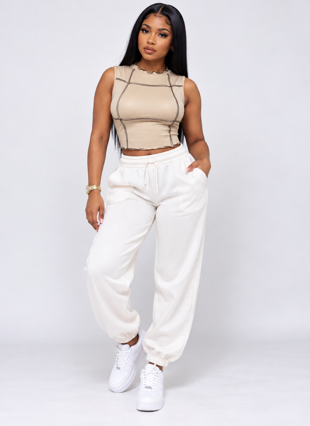 Beige Contrast Stitch Crop Top