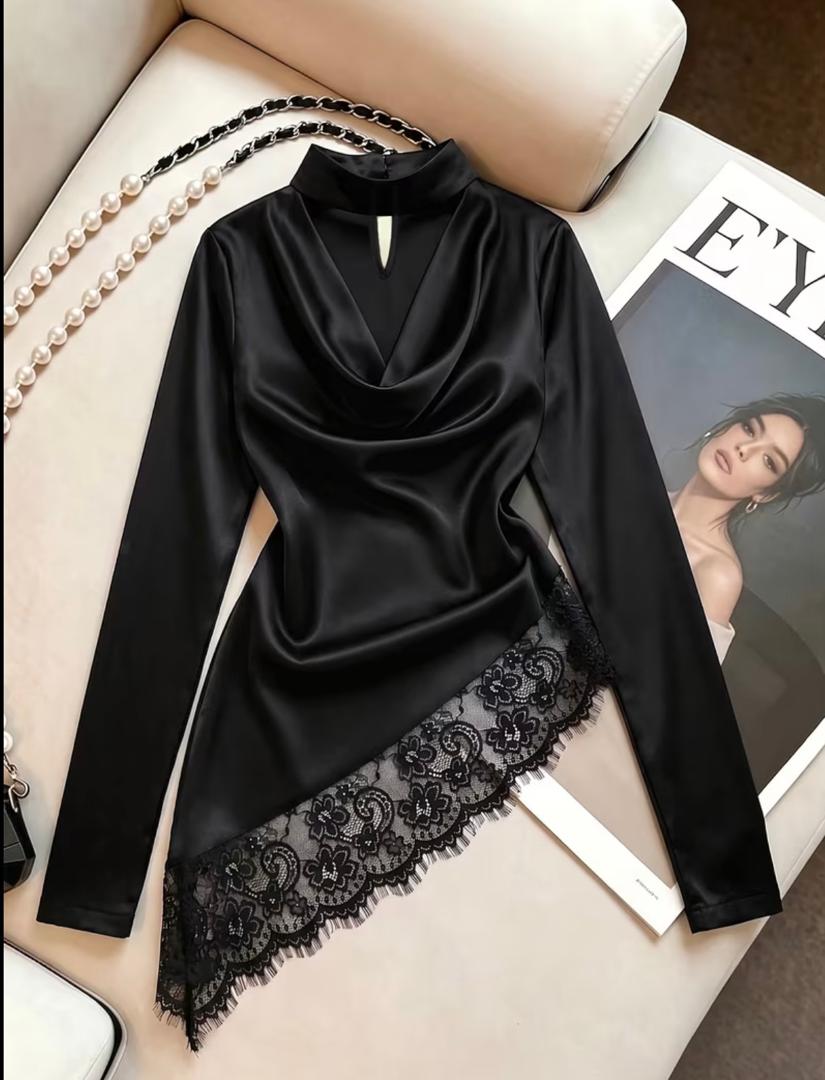 Black Satin Lace Trim Top