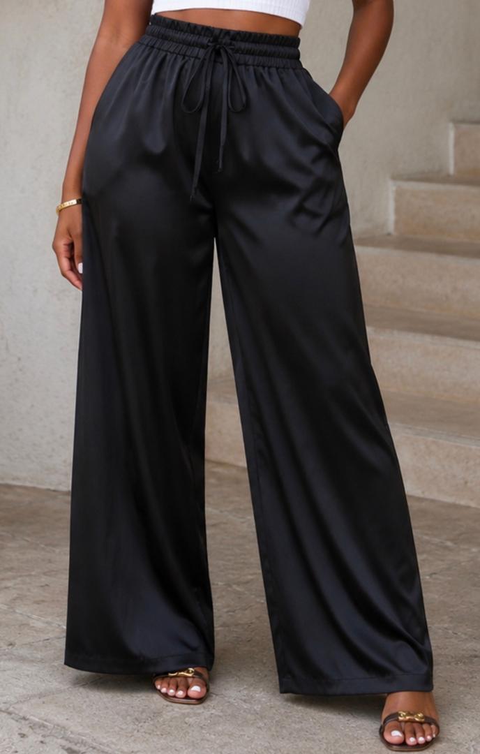 Black Satin Wide Leg Trousers
