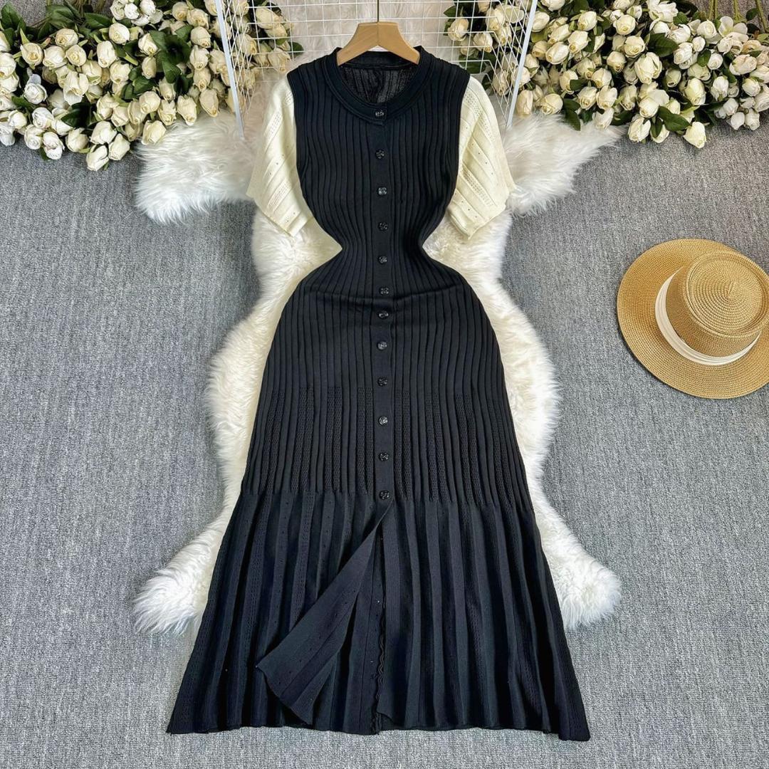 Black Two Tone Knit Midi Dress