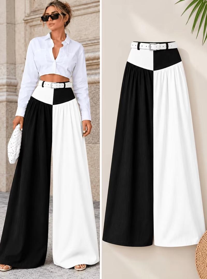 Black White Belted Wide Leg Pants