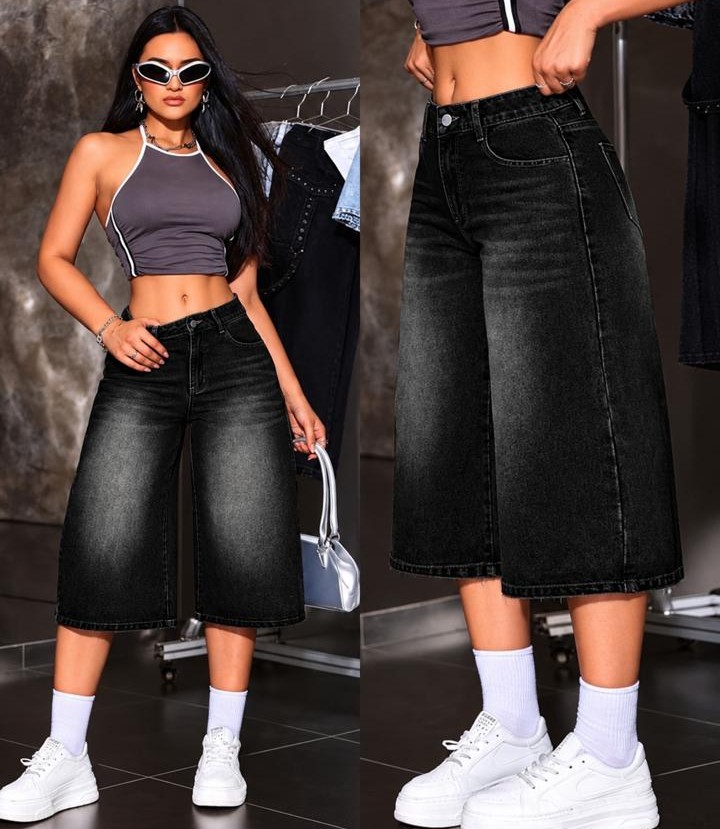 Black Wide Leg Denim Jorts
