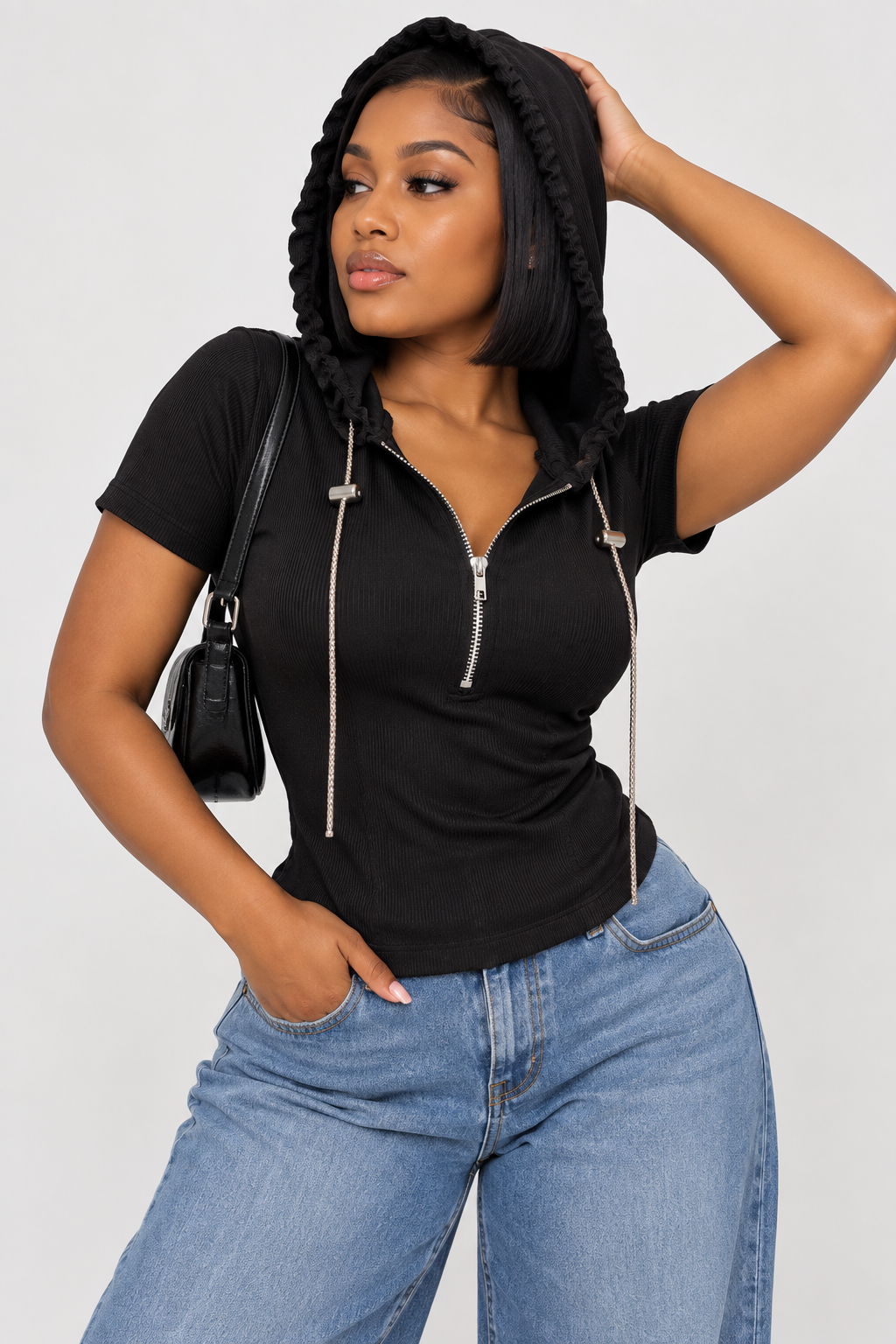 Black Zip Hooded Short Sleeve Top