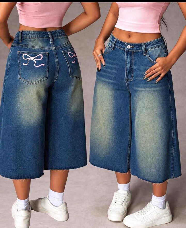 Blue Bow Wide Leg Denim Jorts