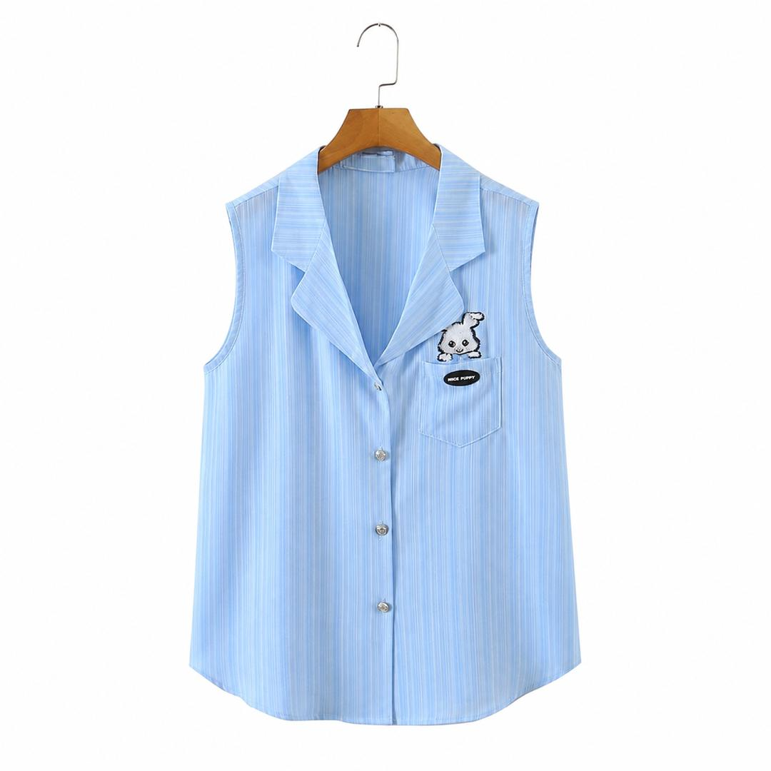 Blue Sleeveless Lapel Shirt