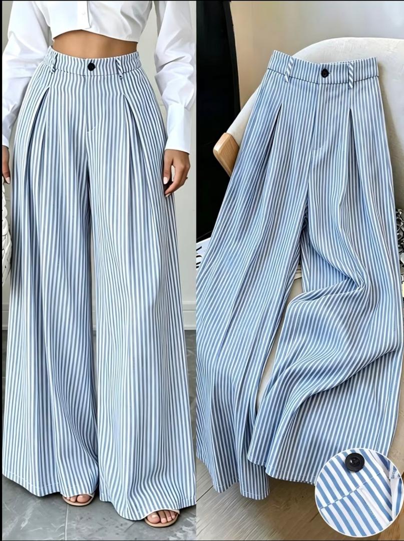 Blue Striped Wide Leg Trousers