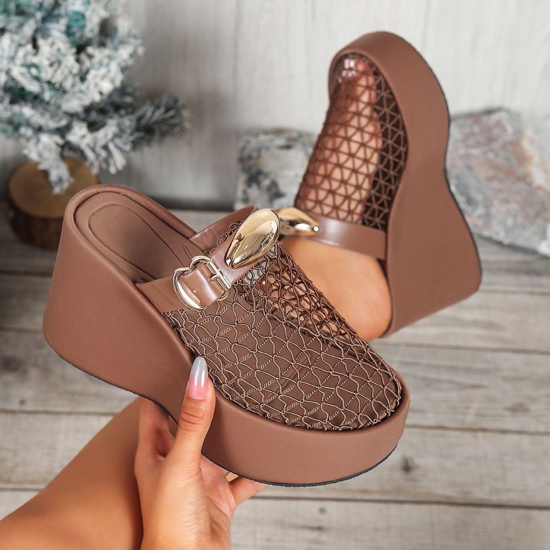 Brown Mesh Buckle Platform Mules
