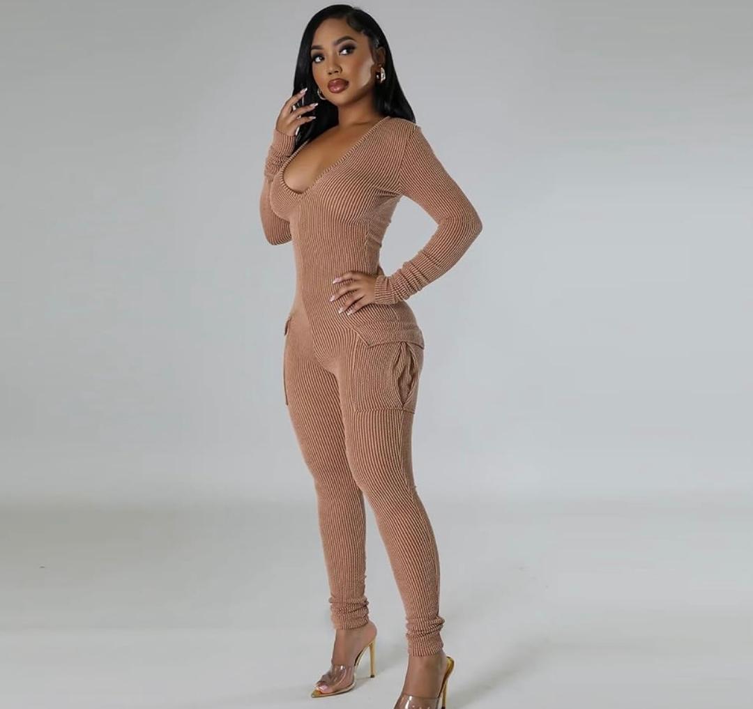 Brown Ribbed Cargo Jumpsuit