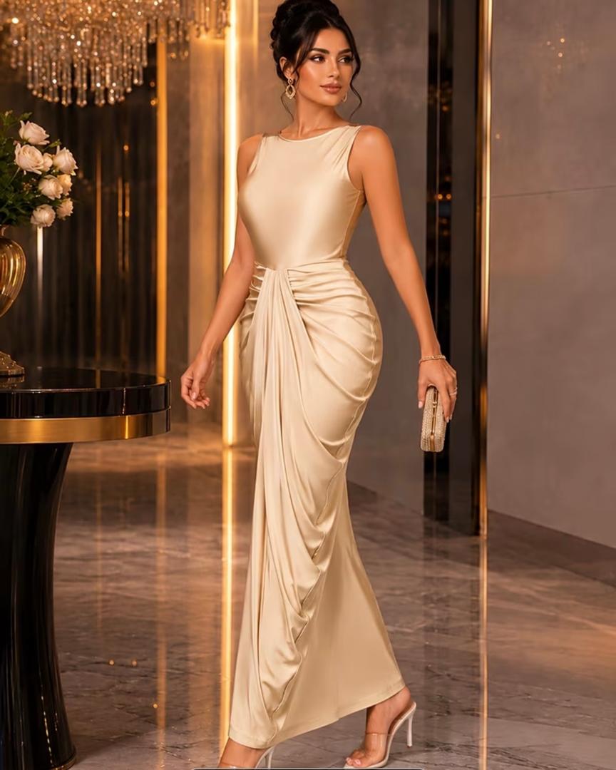 Champagne Satin Draped Maxi Dress