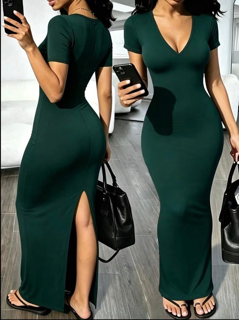 Dark Green V Neck Maxi Dress