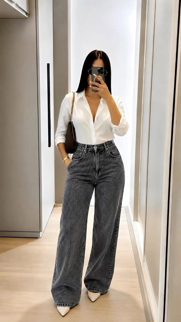 Grey Wide Leg Denim Jeans