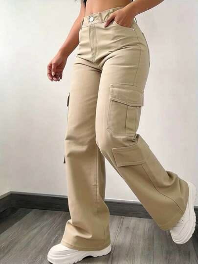 Khaki Wide Leg Cargo Pants