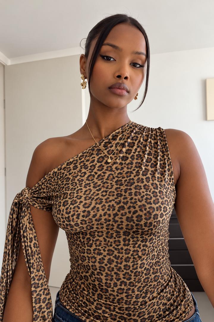 Leopard One Shoulder Tie Top
