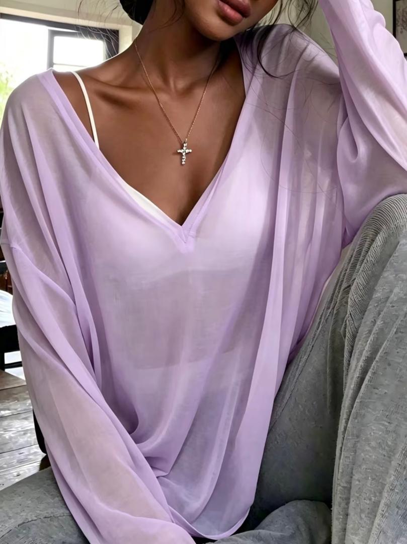 Sheer V Neck Oversized Top