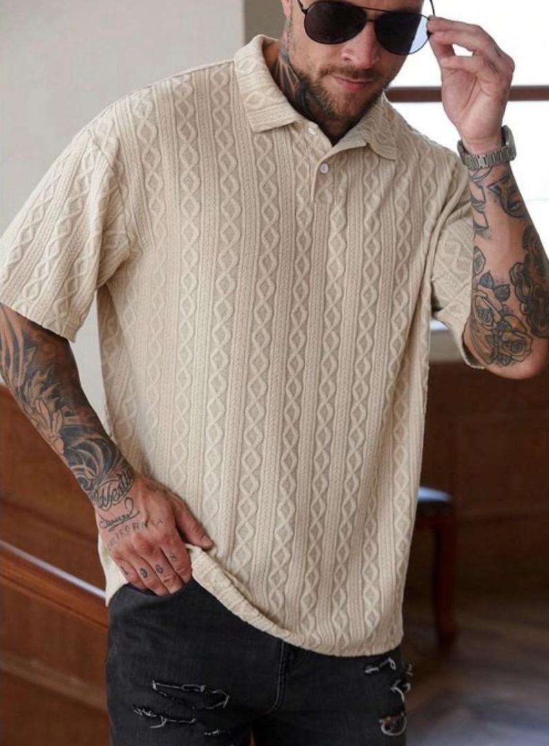 Mens Cream Cable Knit Polo