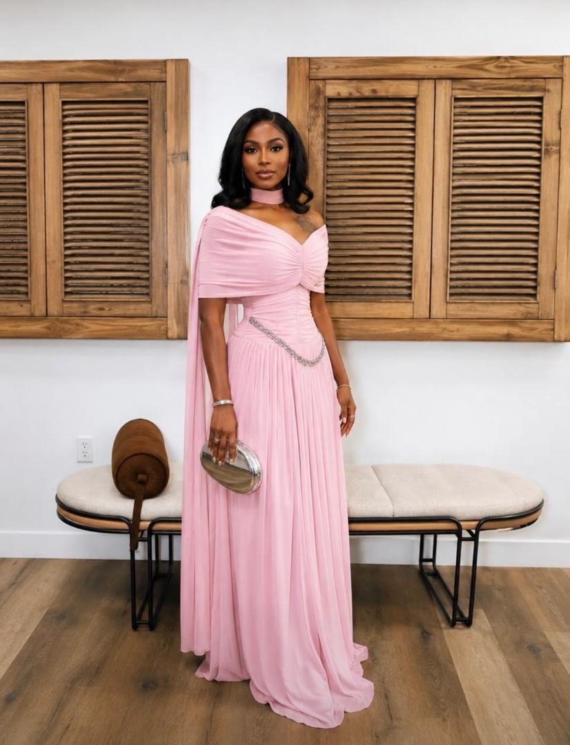 Pink Off Shoulder Cape Gown