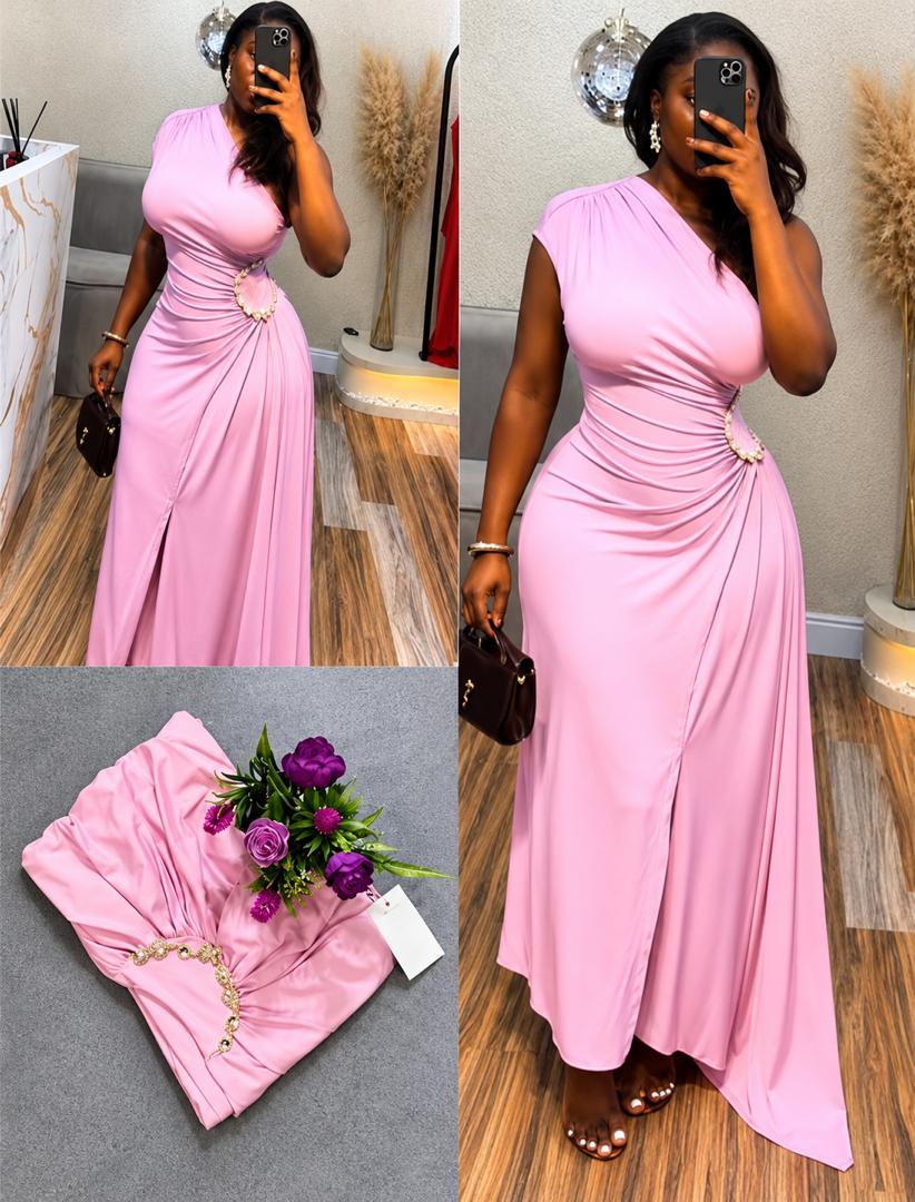 Pink One Shoulder Draped Maxi Dress