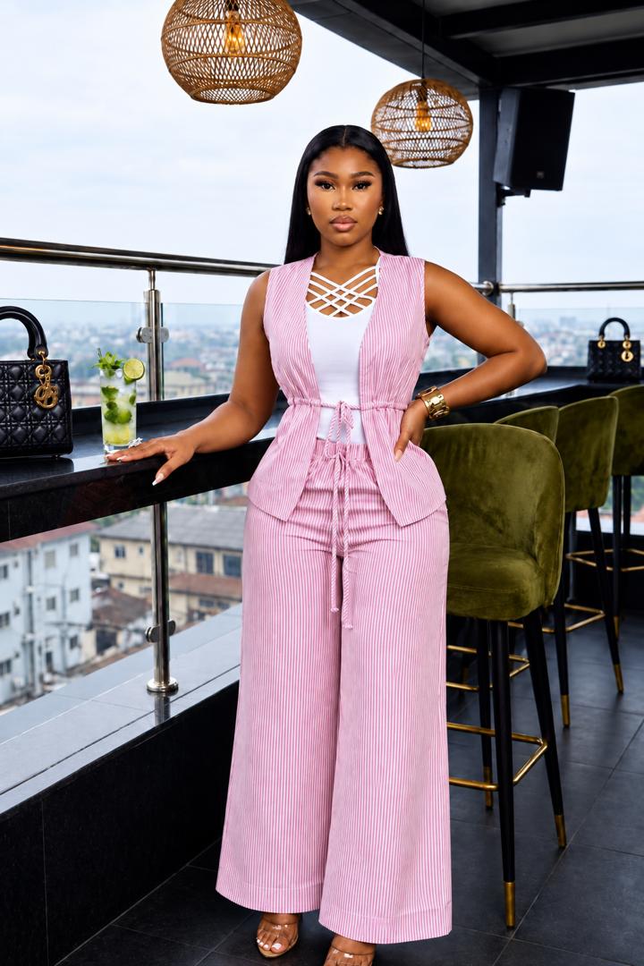 Pink Pinstripe Vest and Wide Leg Set