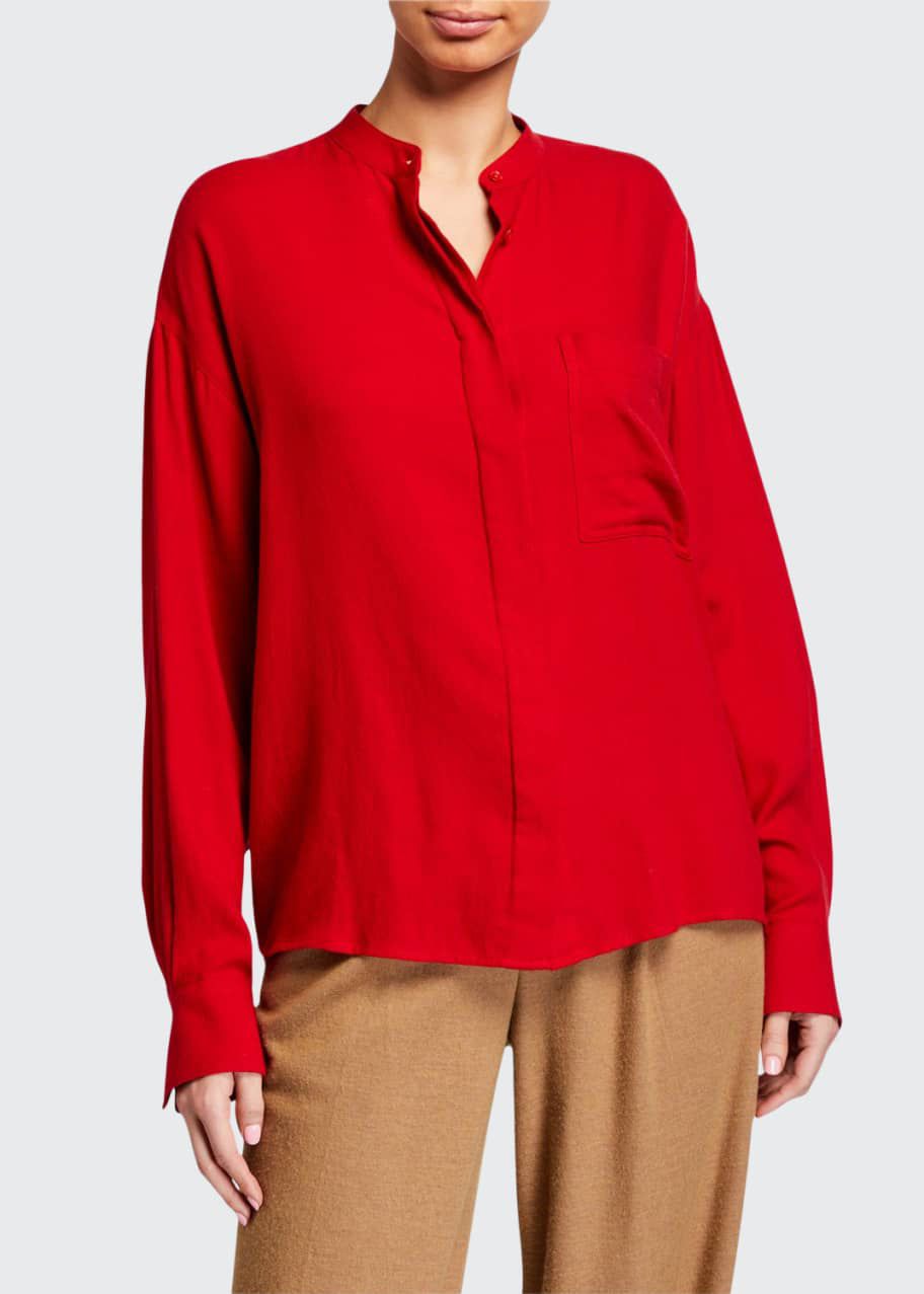 Women's Red Chiffon Band-Collar Shirt