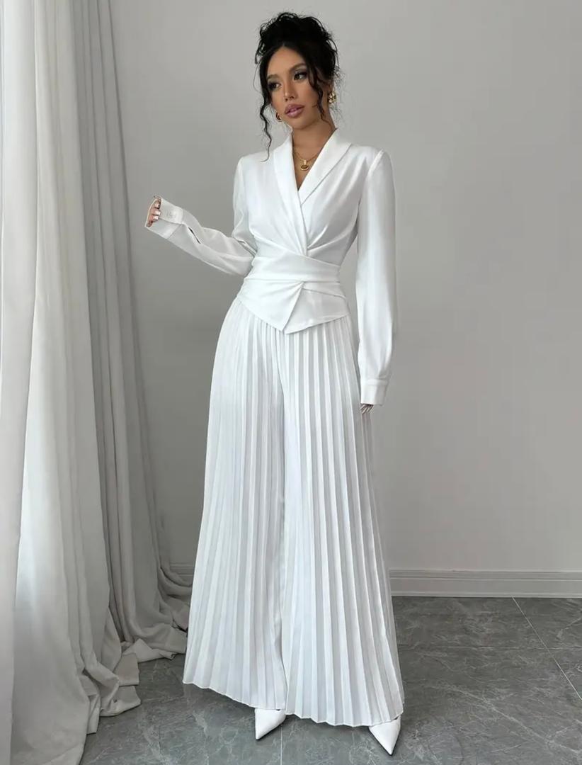 Long-Sleeve Wrap Top & Pleated Pants Set