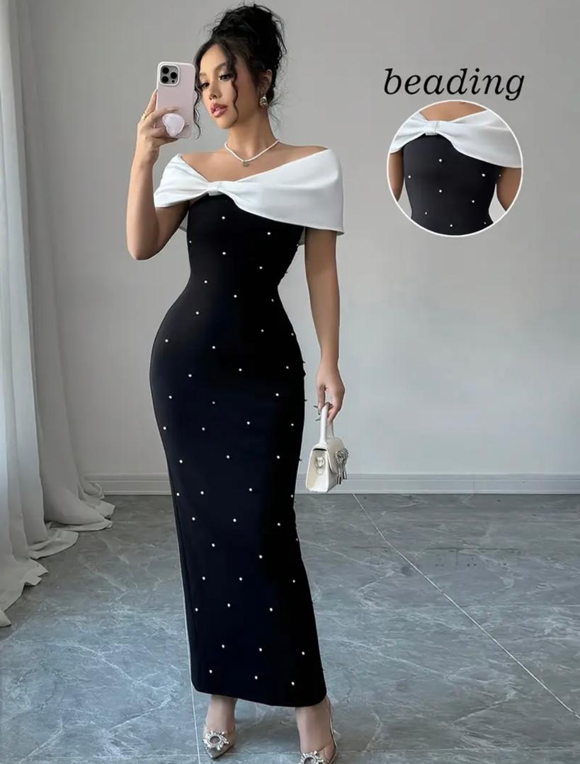 Pearl-Design Off-Shoulder Black and White Dress