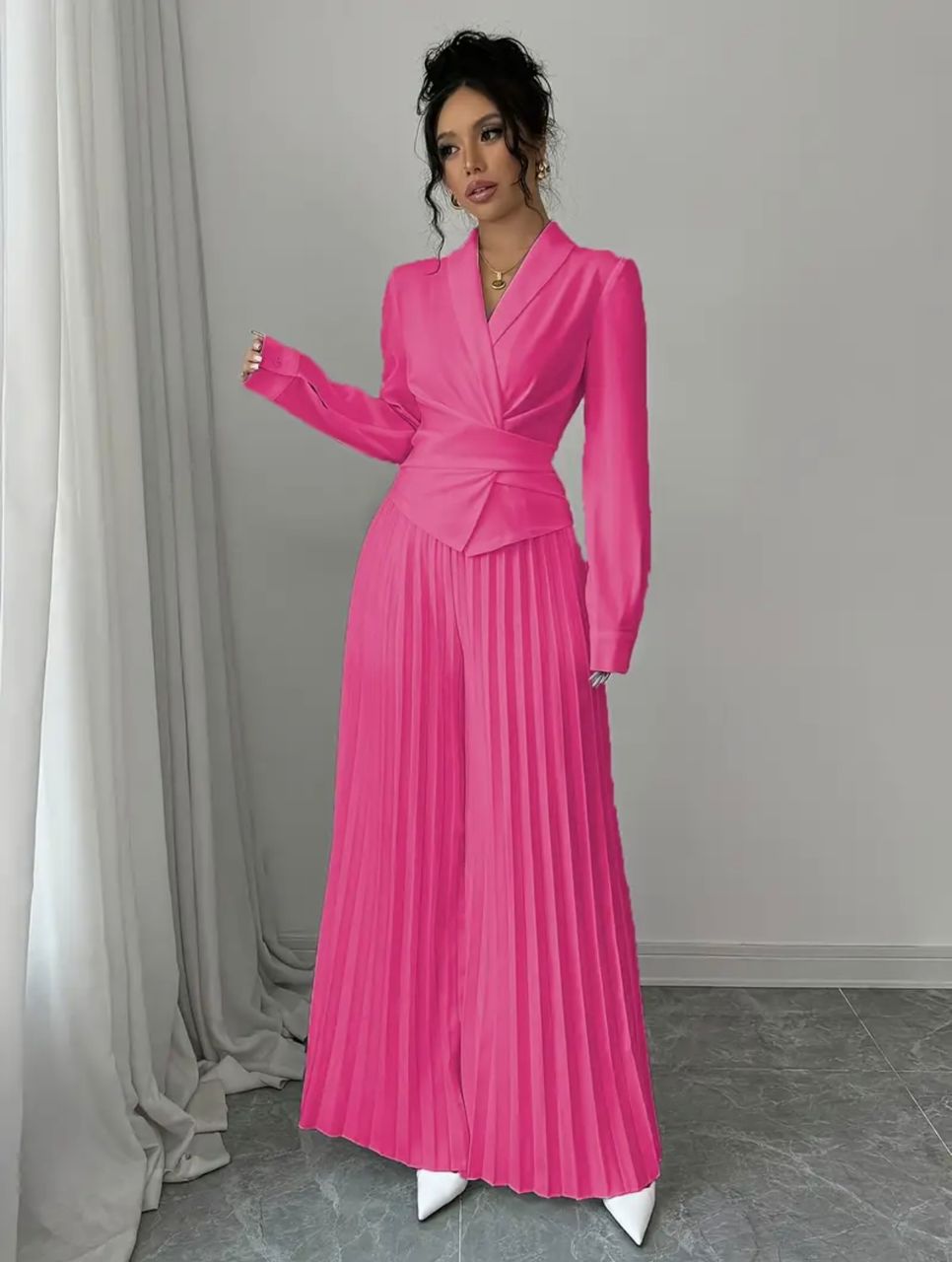 Long-Sleeve Wrap Top & Pleated Pants Set