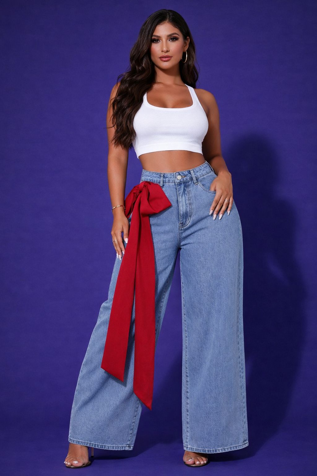 High-Waist Wide-Leg Denim with Red Bow