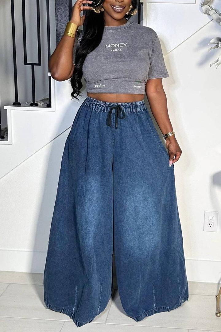 High‑Rise Drawstring Palazzo Denim Pants