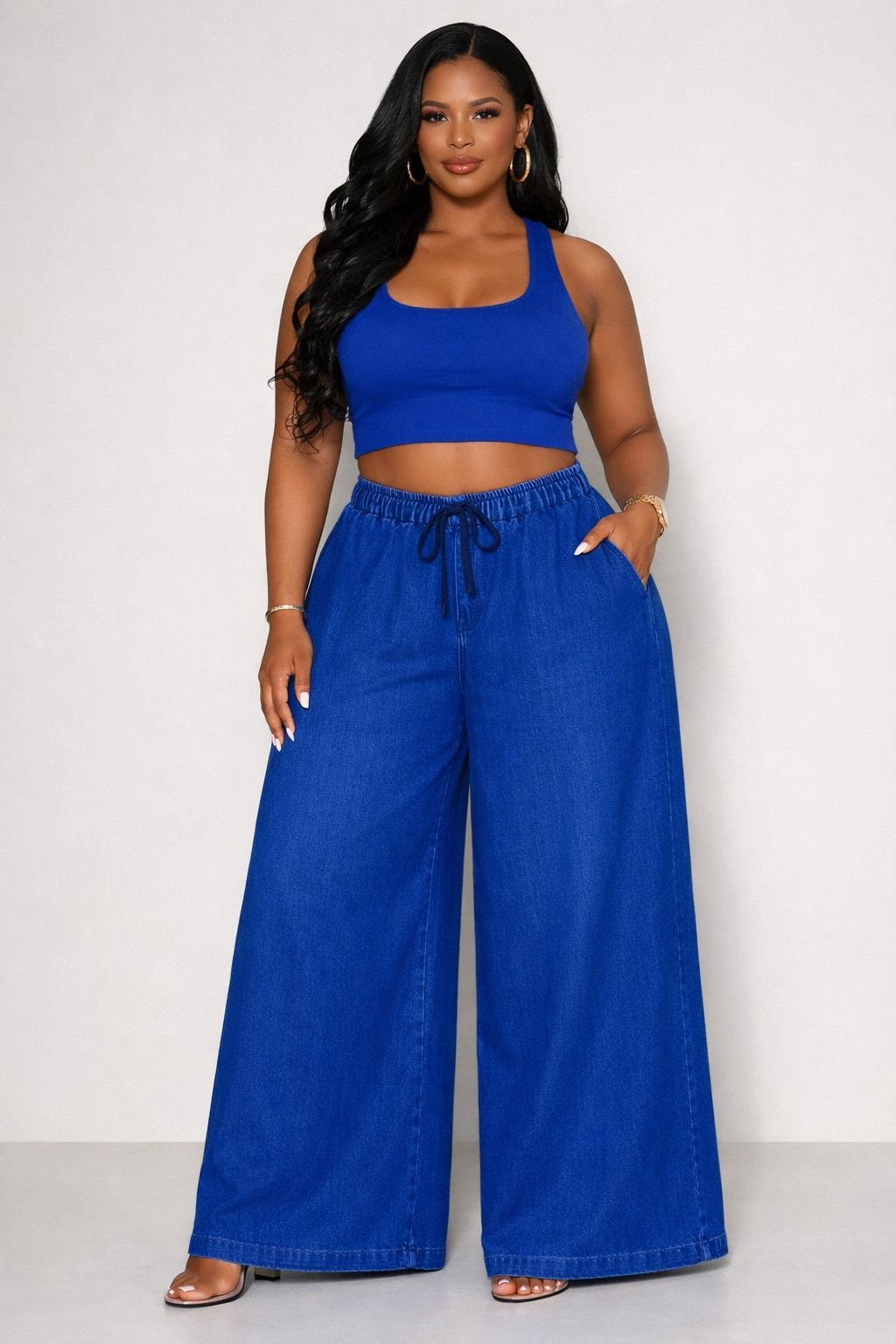 High‑Rise Drawstring Palazzo Denim Pants