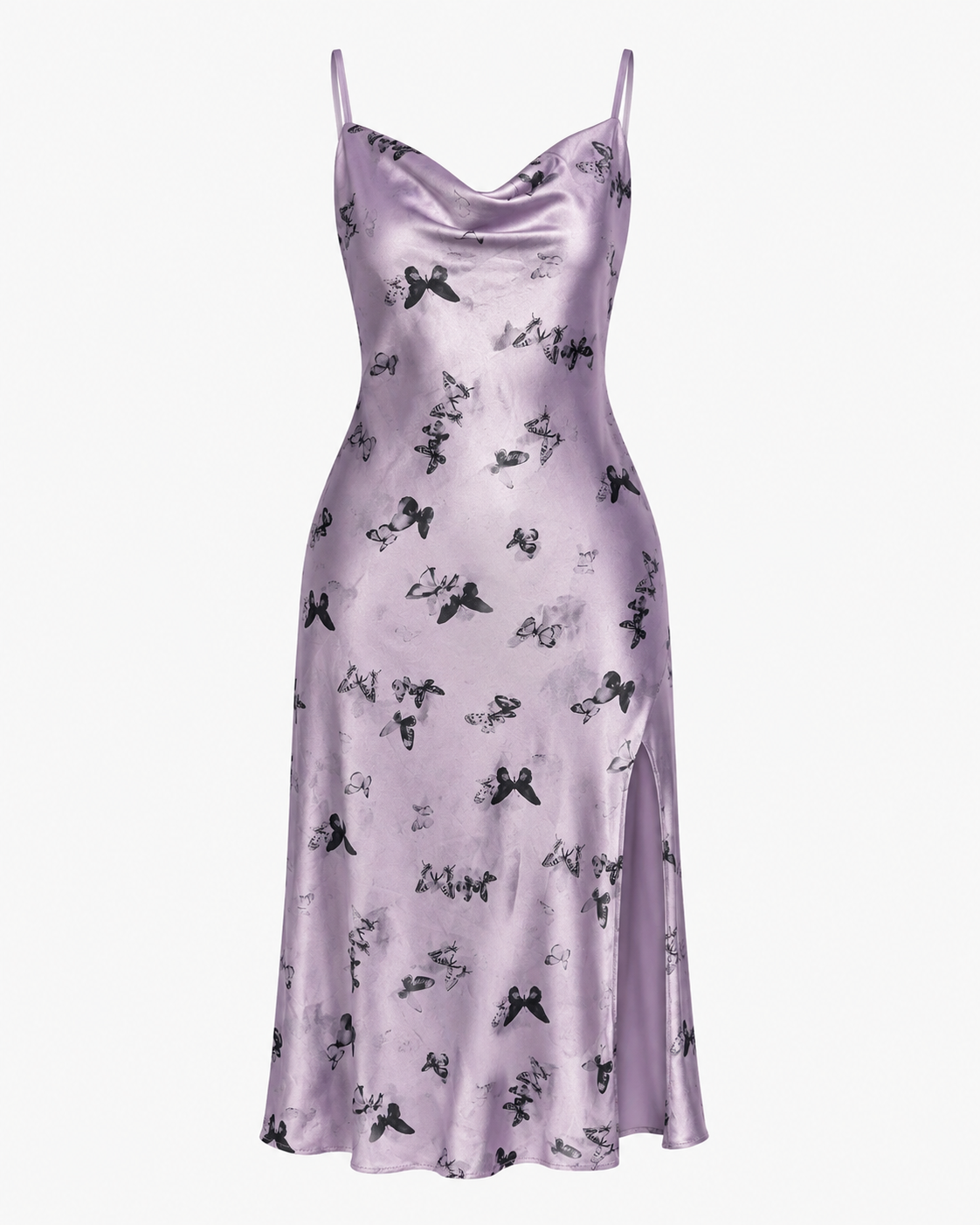 Butterfly Print Satin Slip Midi Dress – Lavender
