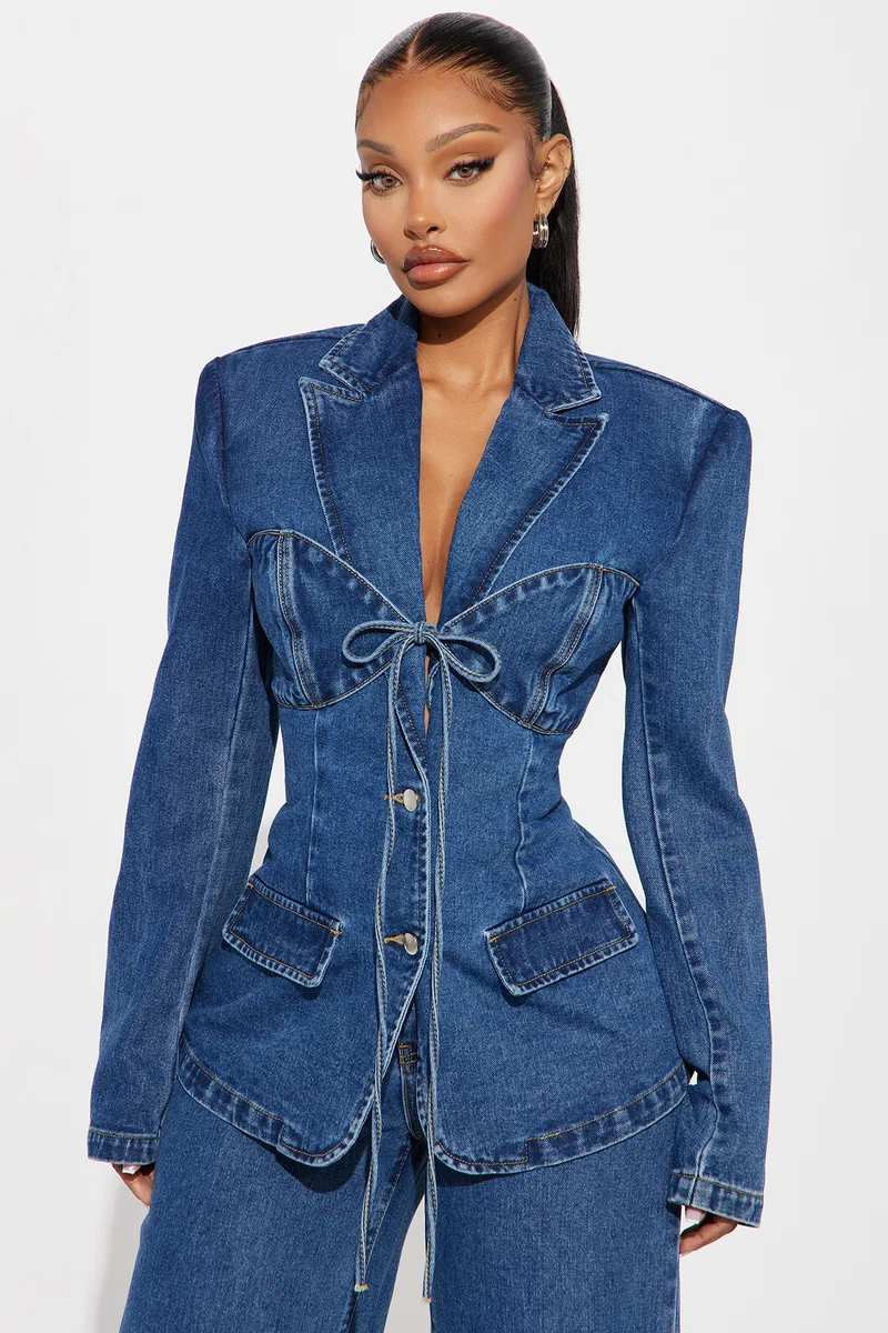 Women's Tie Front Denim Blazer Jacket