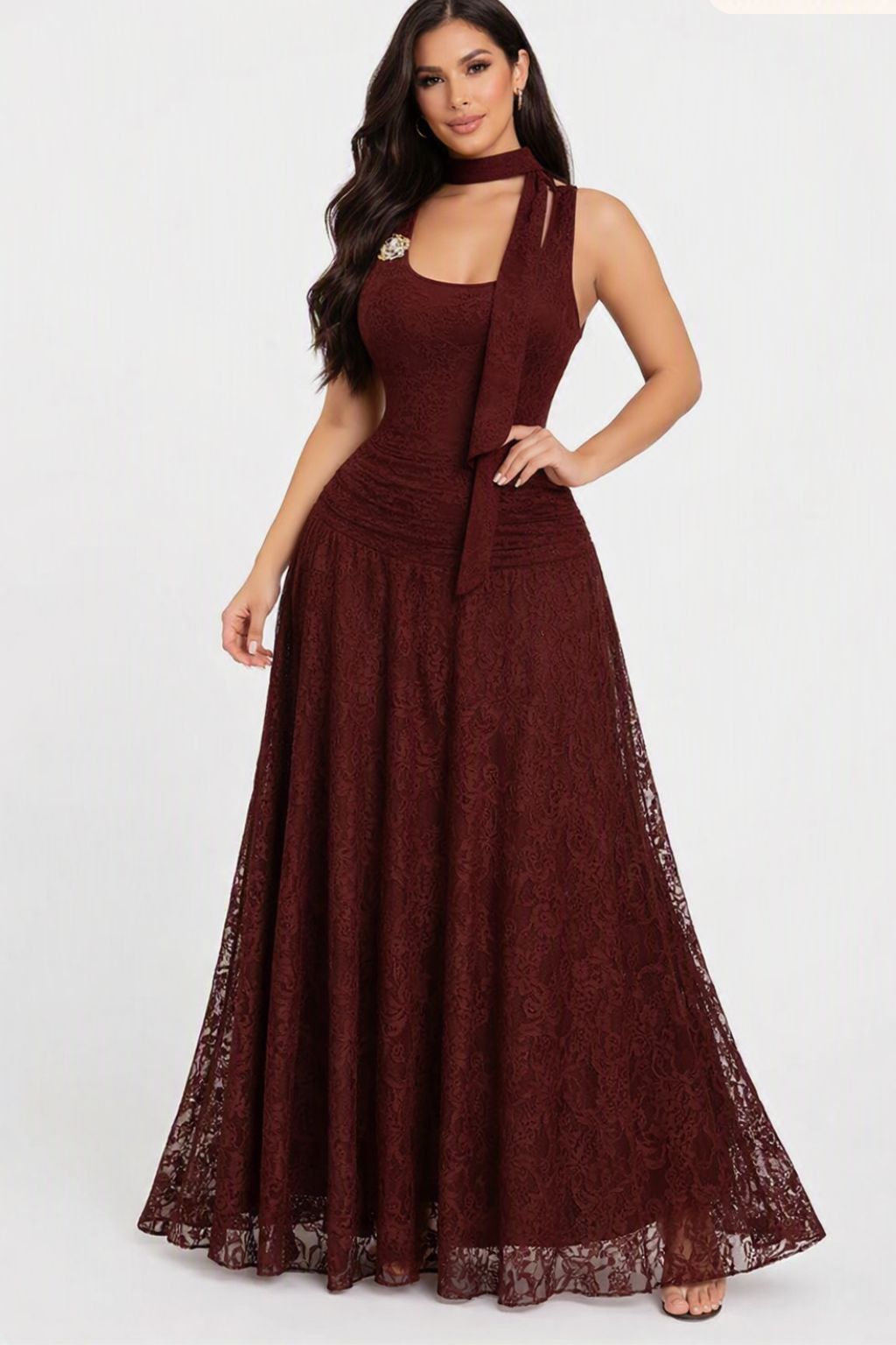 Ladies Brown Dress with Scarf