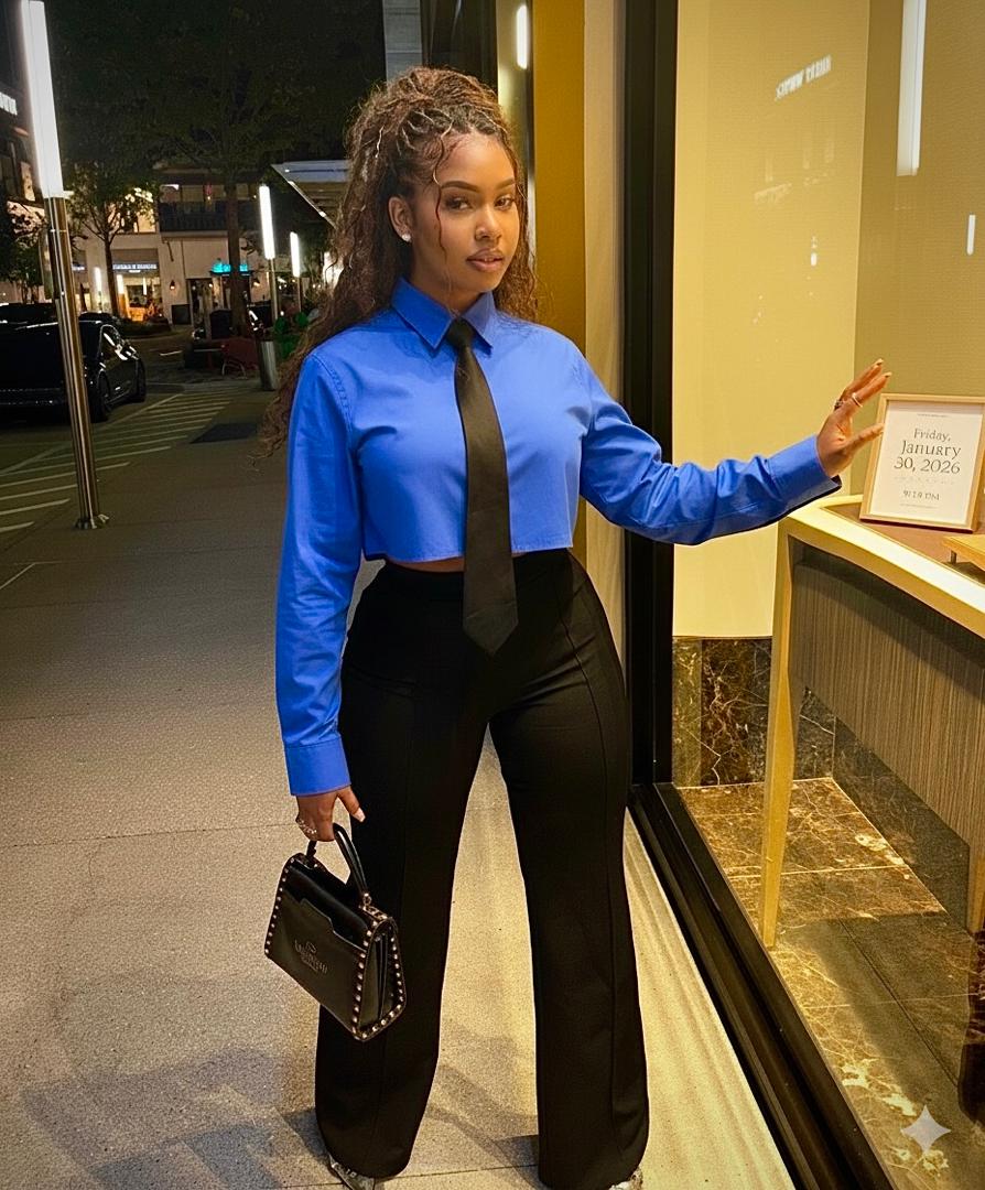 Blue Cropped Office Shirt and Tie
