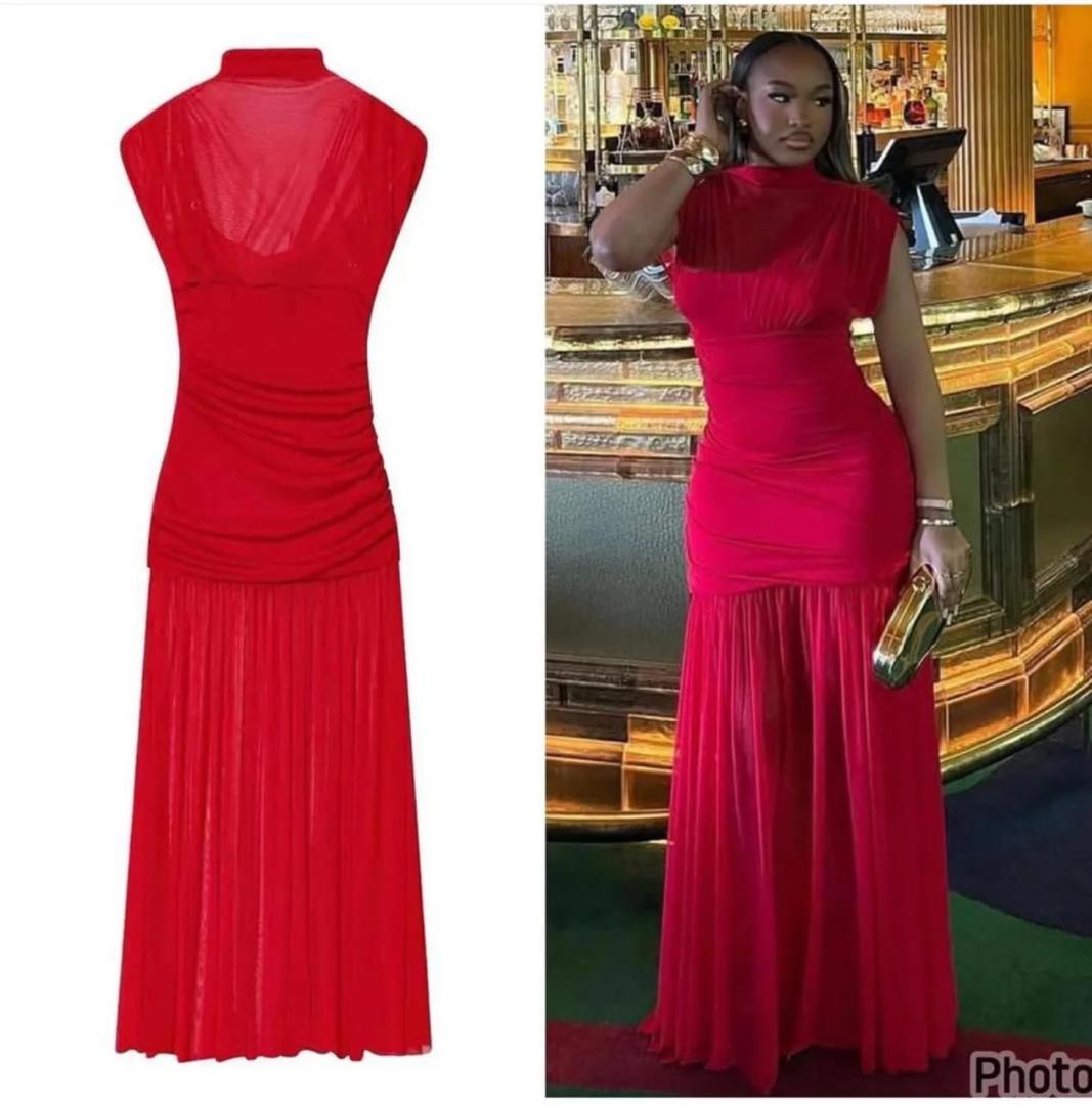 Red Ruched Maxi Dress