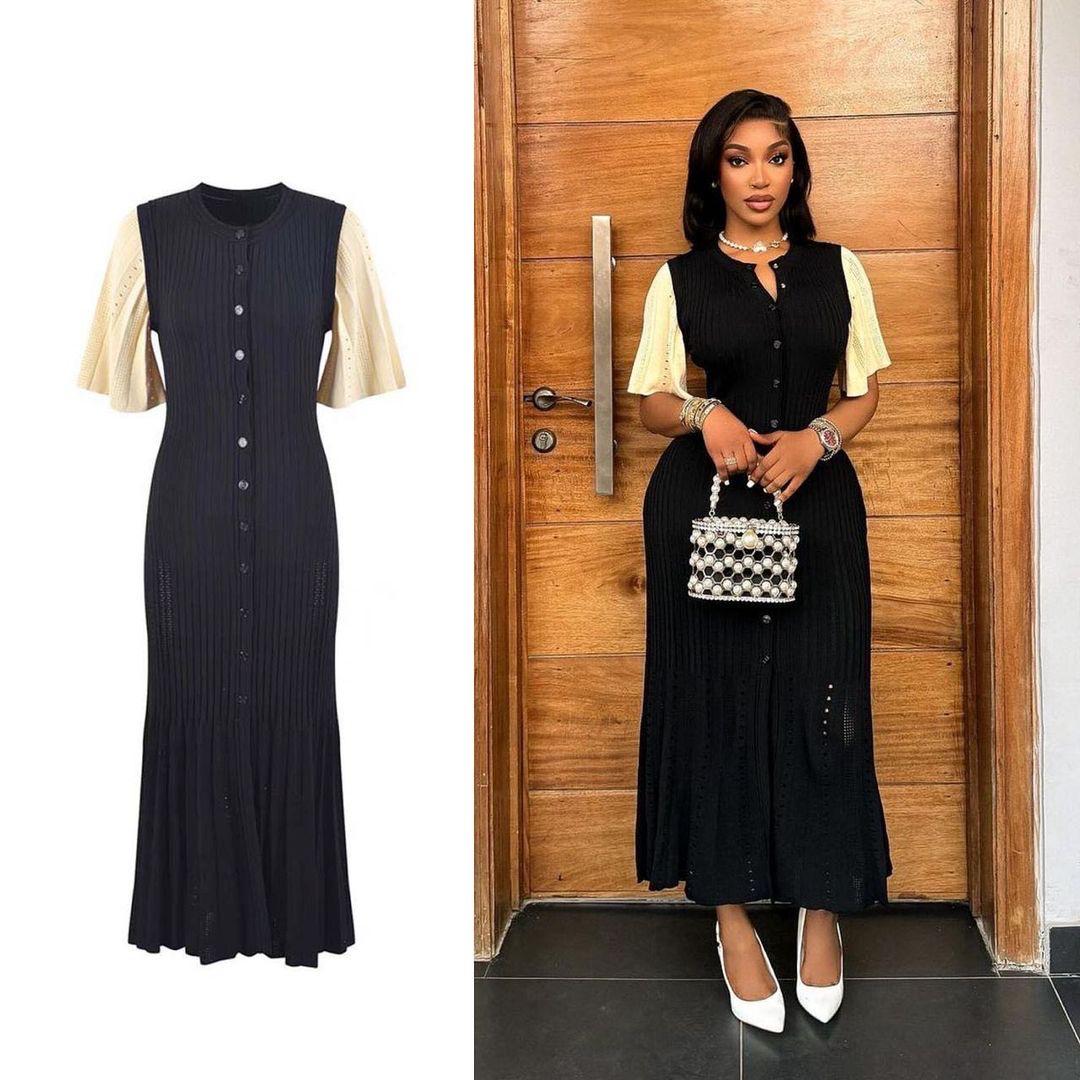 Black Two Tone Knit Midi Dress