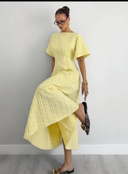 Yellow Brocade Midi Dress