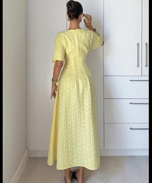 Yellow Brocade Midi Dress