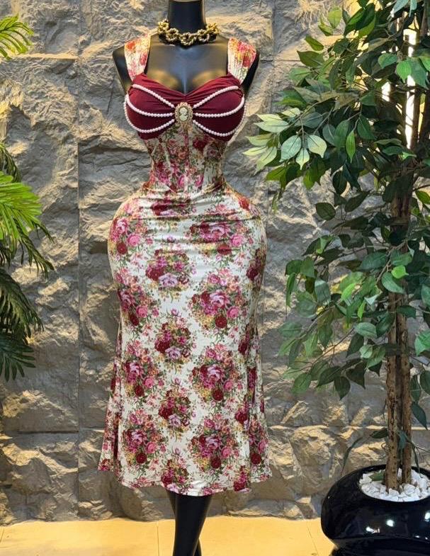 Floral Pearl Bust Midi Dress
