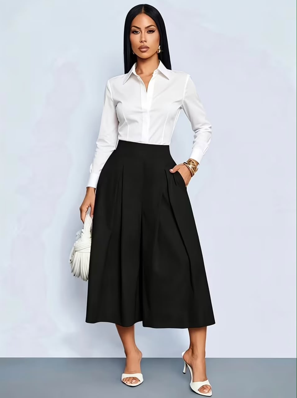 Shirt and High Waist Capri Pants- Black/White