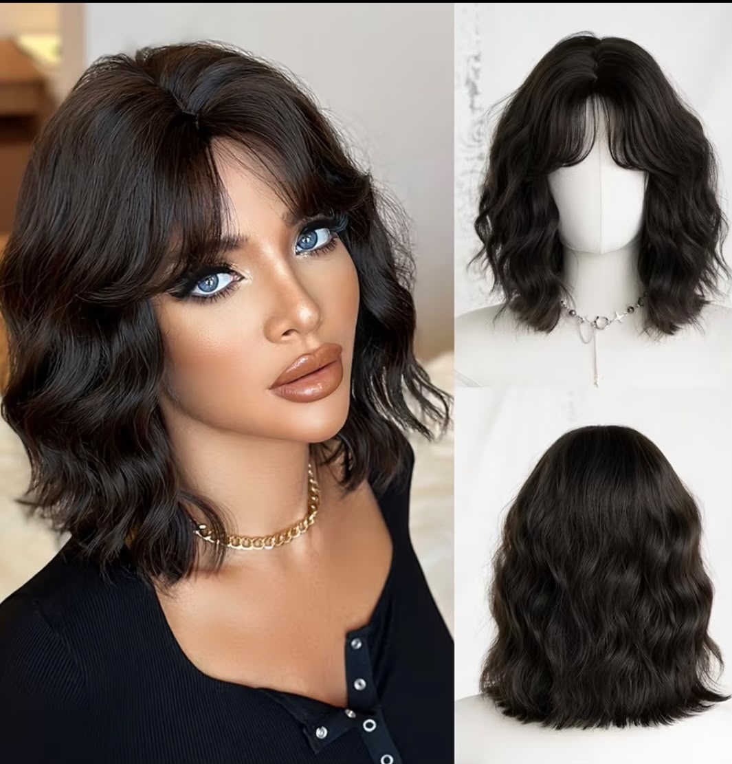 Black Wavy Bob Wig with Bangs