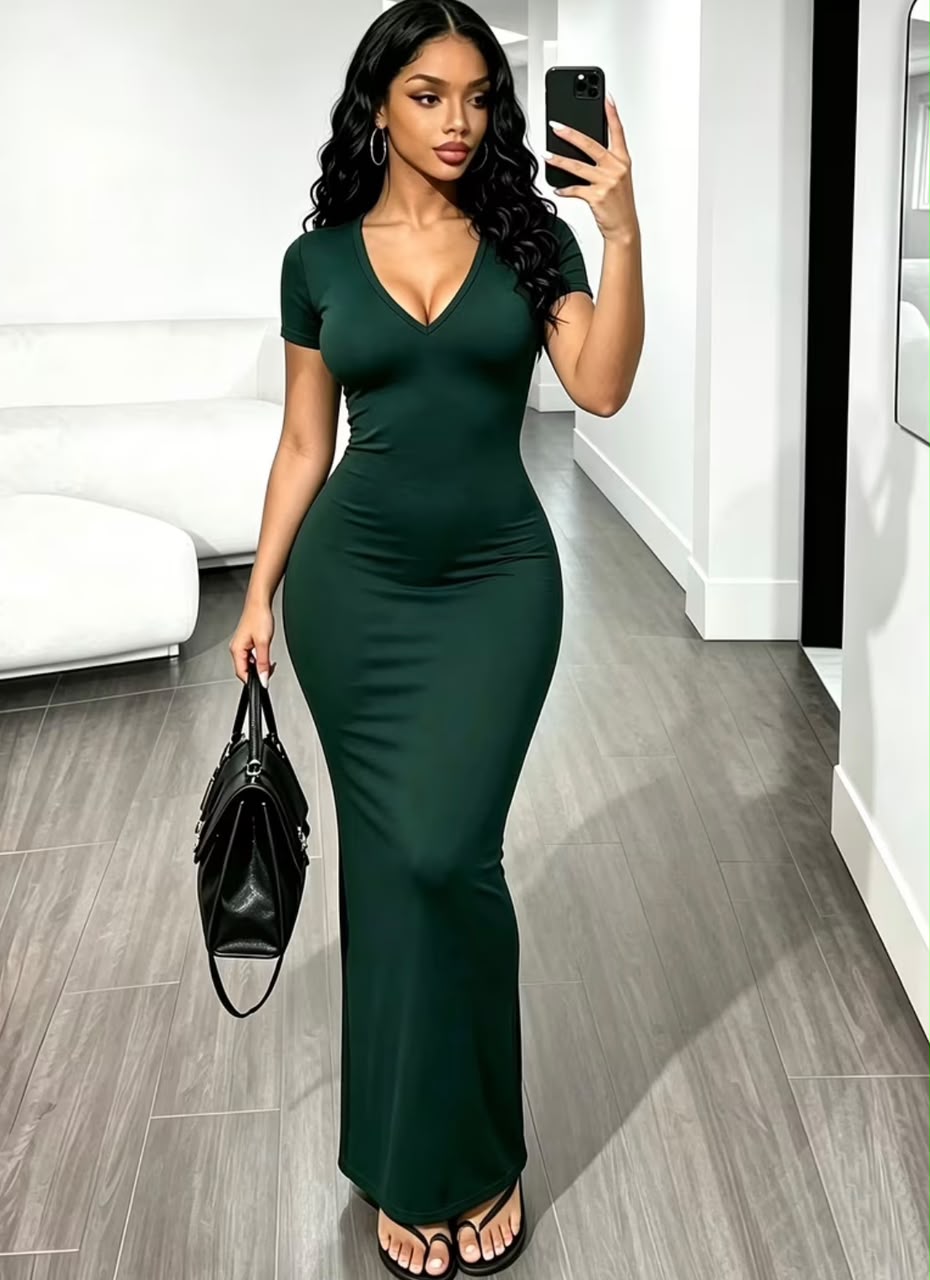 Dark Green V Neck Maxi Dress