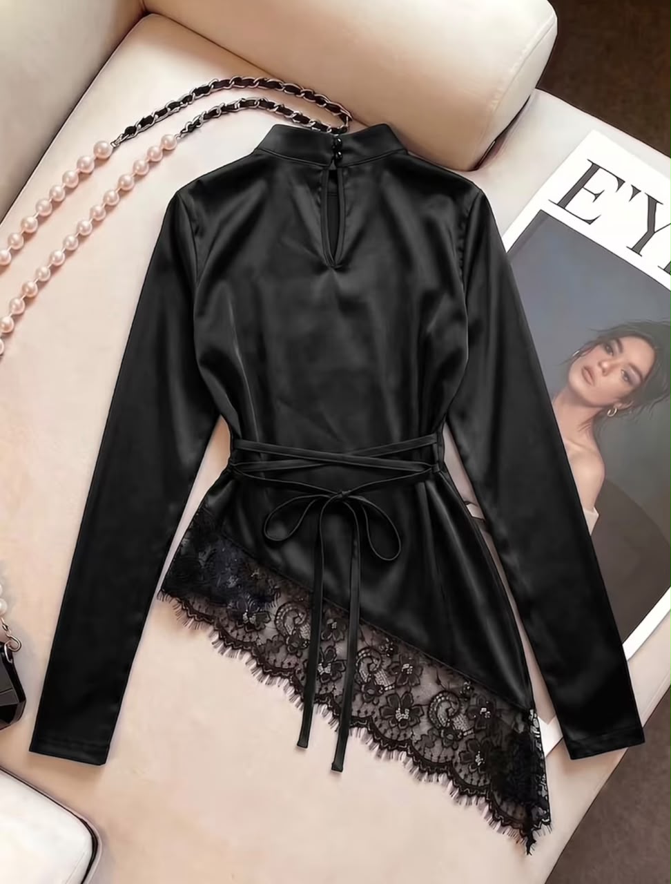 Black Satin Lace Trim Top