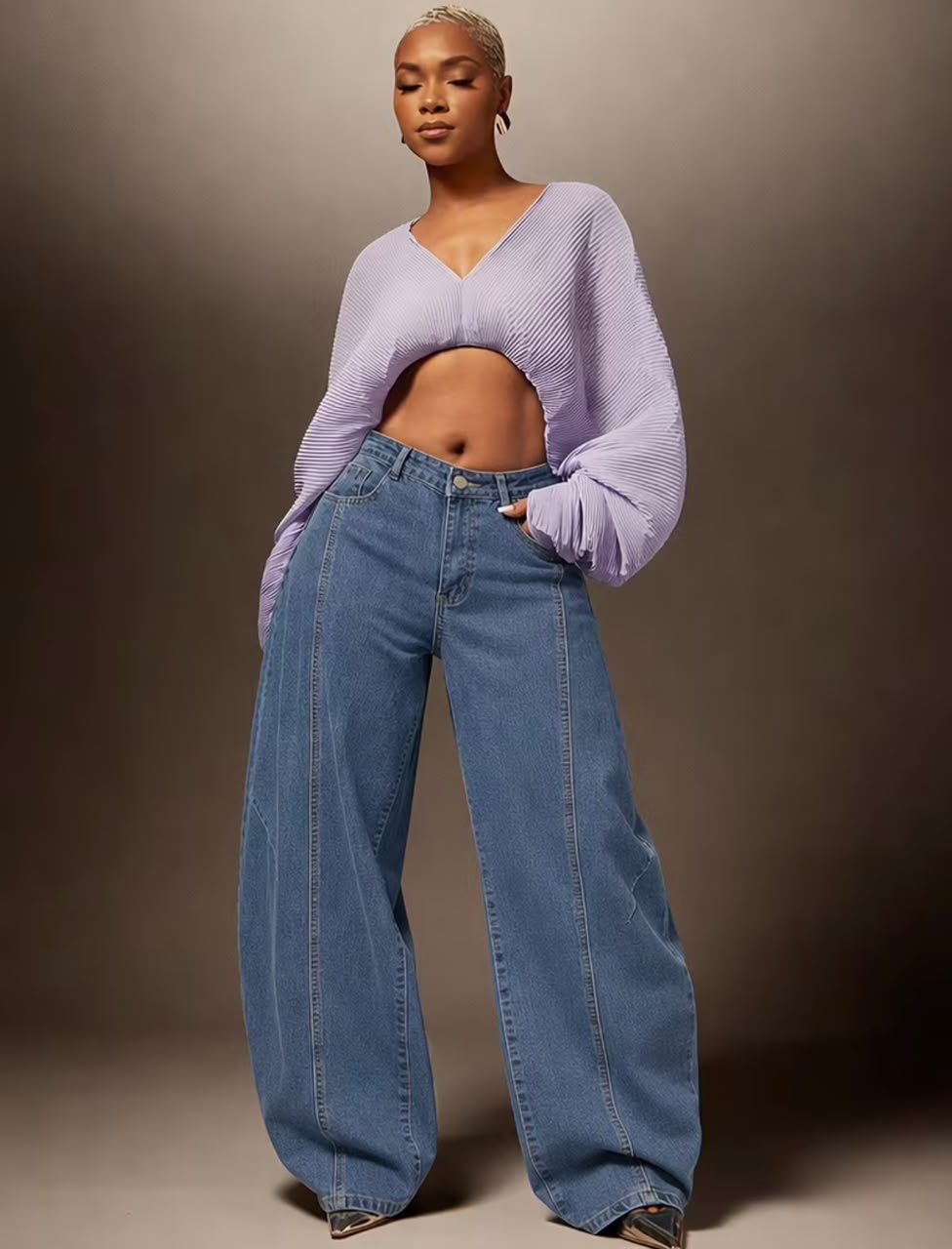 Blue Seamed Wide Leg Jeans
