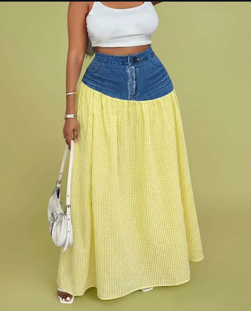 Denim Waist Gingham Maxi Skirt