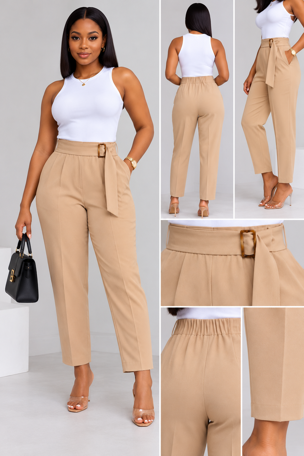 Beige Belted Tailored Trousers