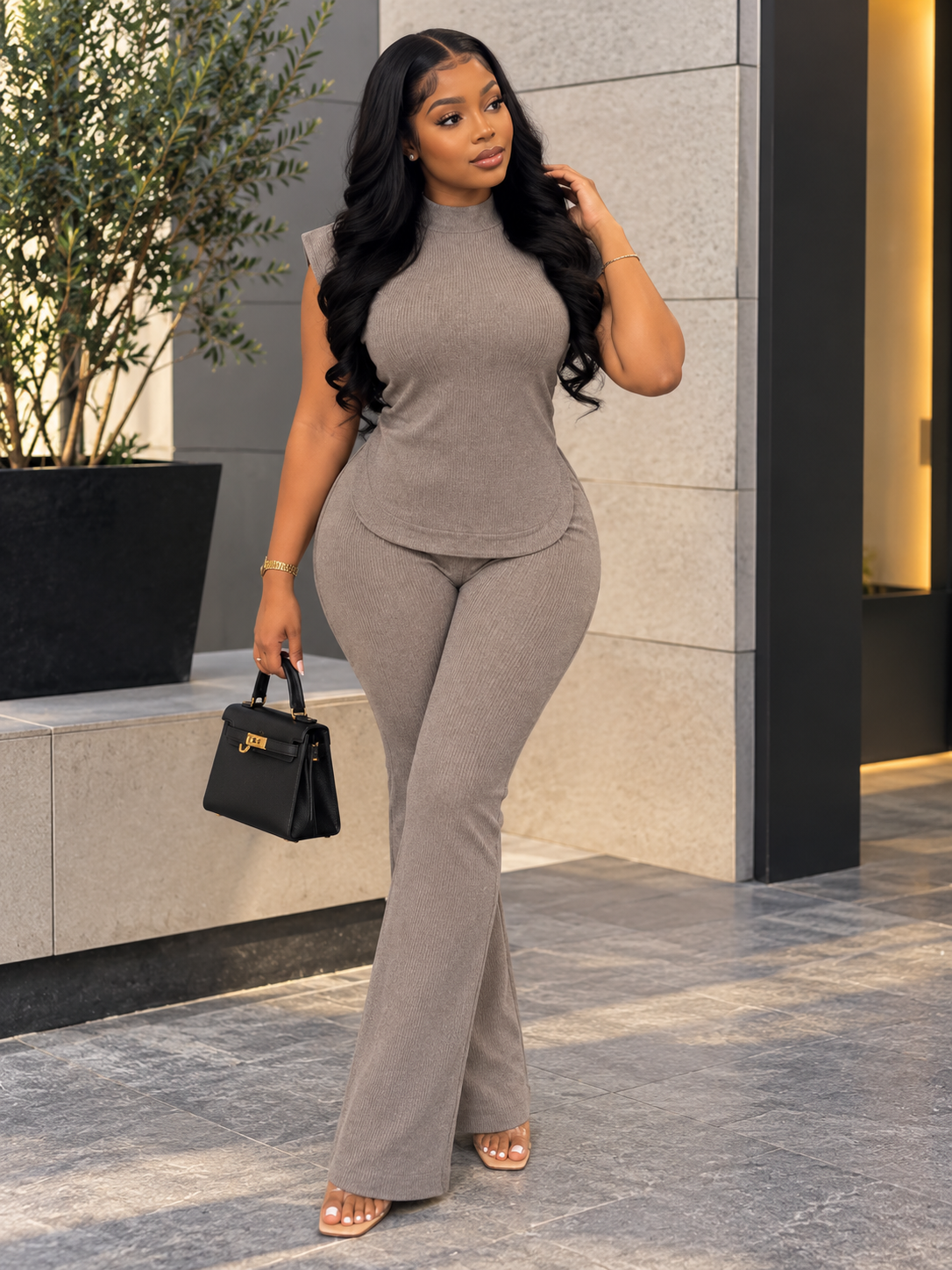 Taupe Ribbed Sleeveless Set