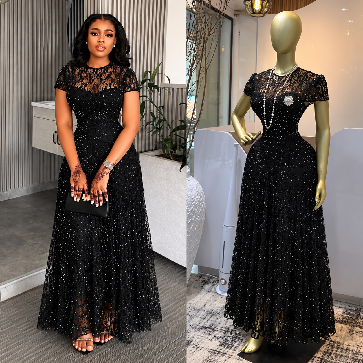 Black Crystal Lace Maxi Dress