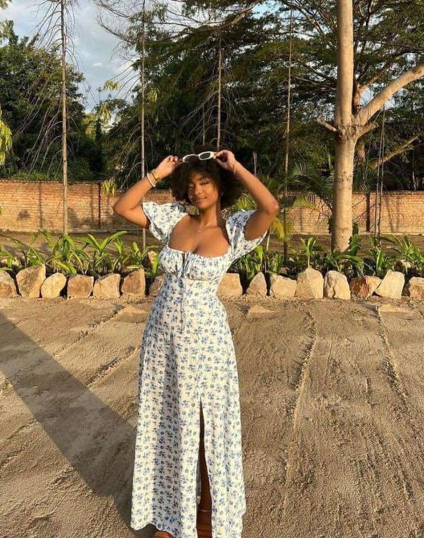 Blue Floral Puff-Sleeve Maxi Dress