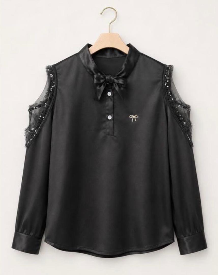 Black Cold-Shoulder Satin Blouse