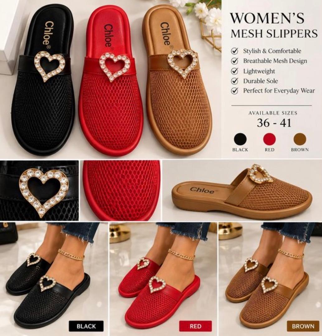 Heart Buckle Mesh Mule Slippers